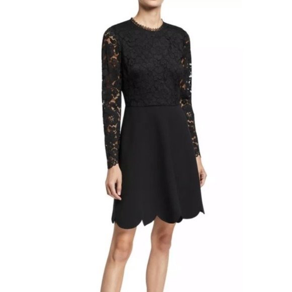 Shoshanna Dresses & Skirts - Shoshanna Laurian Galloon Black Lace Scallop-Hem A-line Dress Size 2